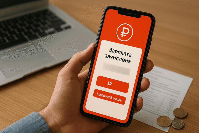 Смартфон с уведомлением о зачислении зарплаты в цифровых рублях на рабочем столе, реалистичное фото — nicetry.blog