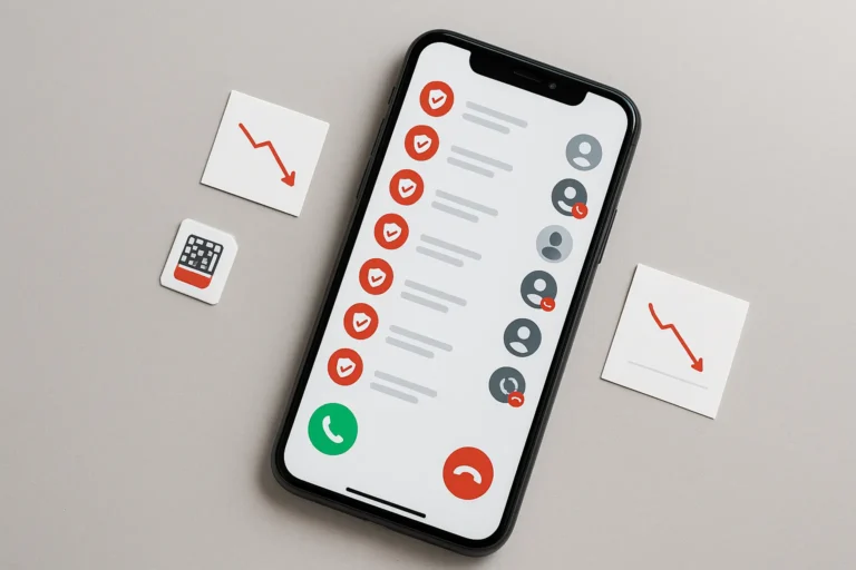 Смартфон с журналом звонков — иконки проверенных номеров и редких анонимных — мини-график снижения на карточках рядом — нейтральный светлый фон — nicetry.blog
