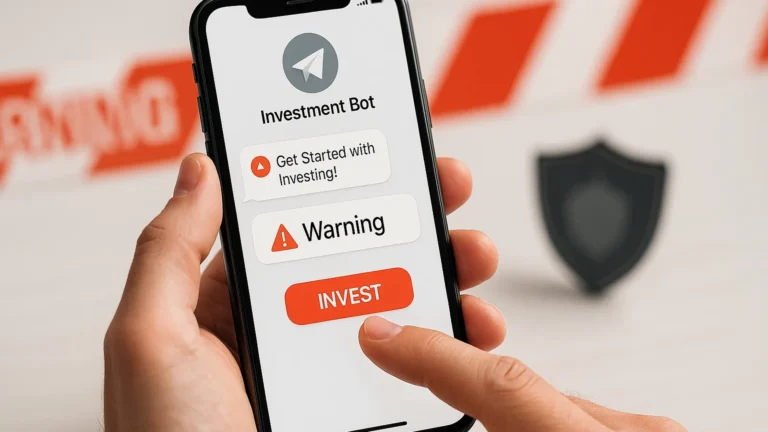 Смартфон в руке с реалистичным интерфейсом мессенджера, намёк на мошеннический инвест-бот, красные предупреждающие акценты и силуэт полицейского щита — nicetry.blog