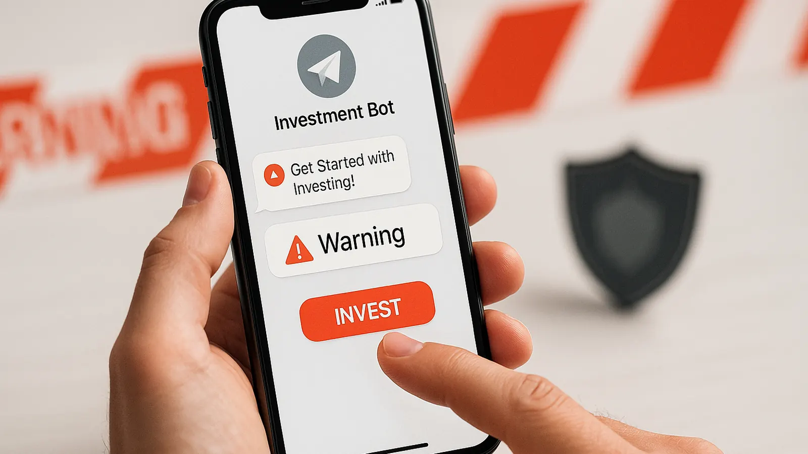 Смартфон в руке с реалистичным интерфейсом мессенджера, намёк на мошеннический инвест-бот, красные предупреждающие акценты и силуэт полицейского щита — nicetry.blog