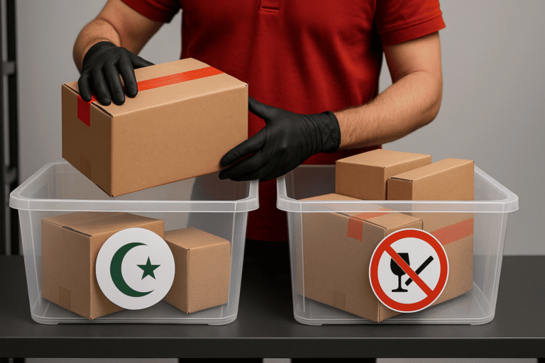 Сортировка посылок - два контейнера с иконками полумесяца и перечеркнутого бокала и сигареты - фетва ДУМ РФ для курьеров - nicetry.blog