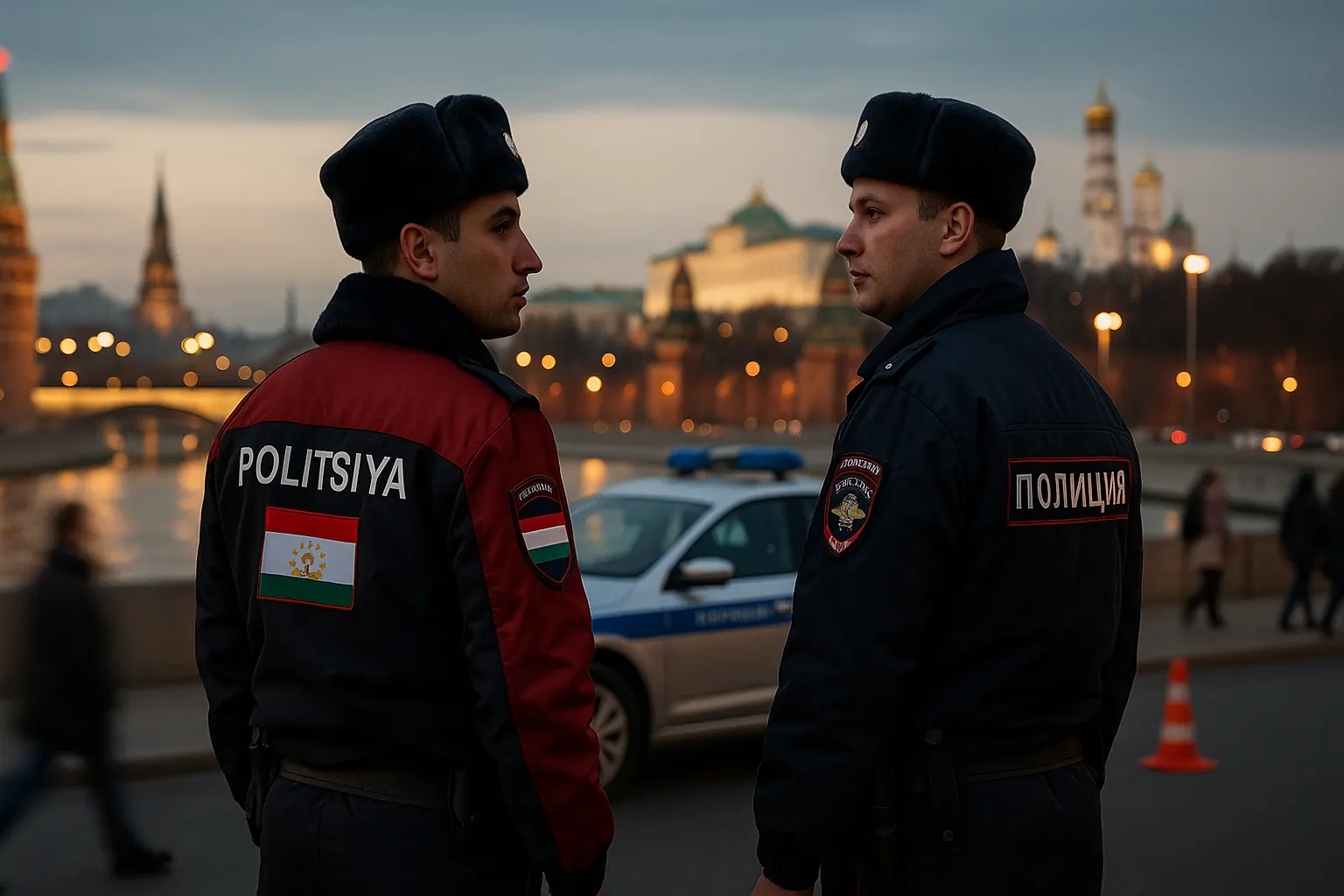 Совместный патруль — полицейский с нашивкой Таджикистана и российский полицейский на фоне вечерней Москвы - nicetry.blog