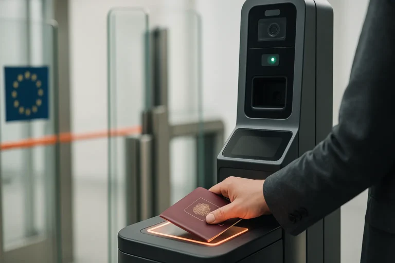 Современный e-gate на границе ЕС: рука прикладывает биометрический паспорт к сканеру, стеклянные турникеты на фоне — nicetry.blog