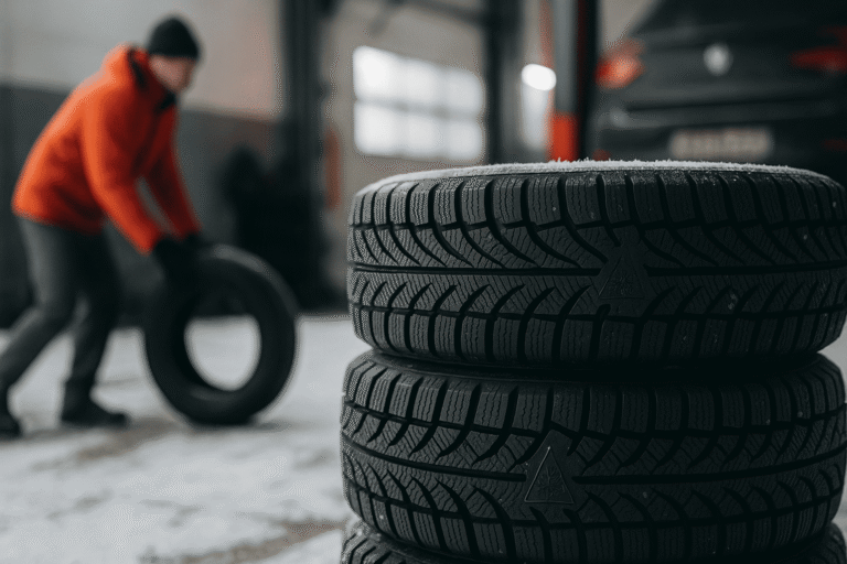 Стопка зимних шин в автомастерской, иней на протекторе, холодный свет — рост цен на зимнюю резину — nicetry.blog