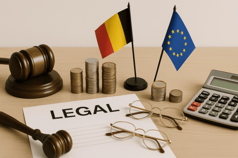 Судейский молоток - монеты евро и рублей - флаги Бельгии и ЕС на фоне документов и калькулятора - изъятие активов РФ — nicetry.blog