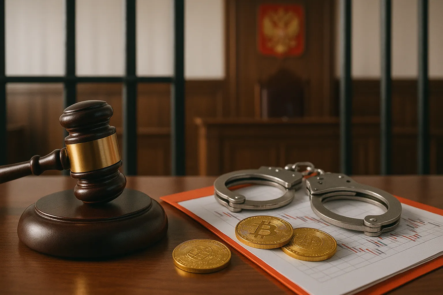 Судейский молоток, наручники и криптомонеты на документах с графиками; атмосфера ужесточения наказаний за операции с криптовалютой в России — nicetry.blog