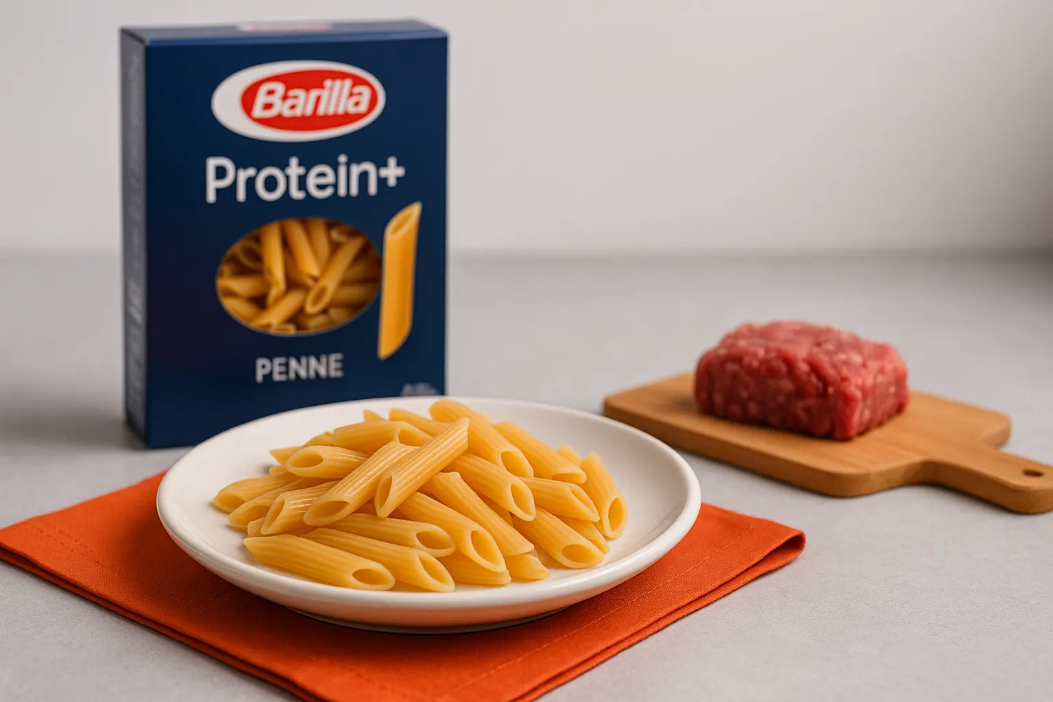 Тарелка протеиновых макарон Barilla на светло-сером фоне, рядом небольшая порция мяса на деревянной доске — nicetry.blog