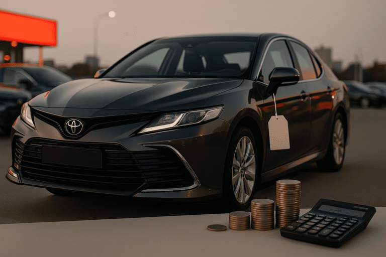Toyota Camry крупным планом, рядом стопки монет и калькулятор, пустой ценник без текста — nicetry.blog