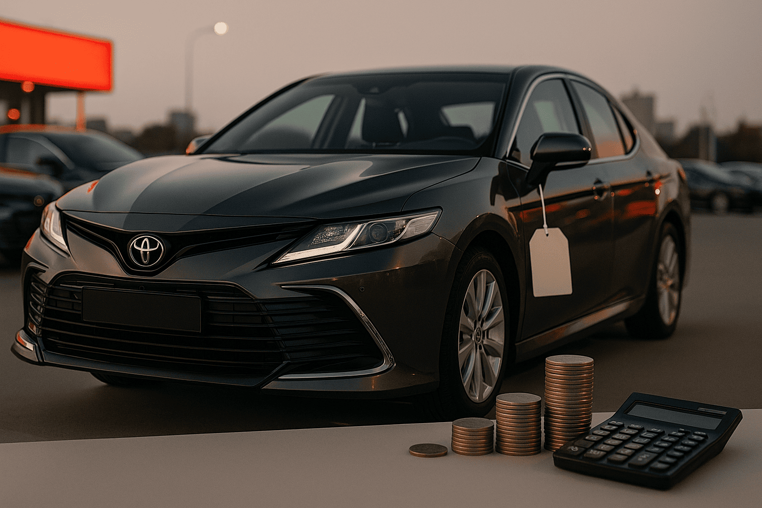 Toyota Camry крупным планом, рядом стопки монет и калькулятор, пустой ценник без текста — nicetry.blog