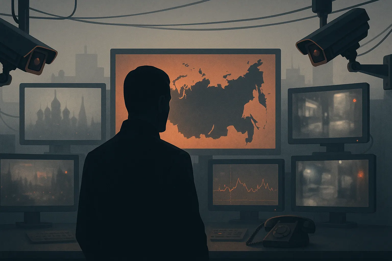 Тёмная комната наблюдения, силуэт сотрудника спецслужб смотрит на стену экранов с картой России и CCTV-кадрами — nicetry.blog
