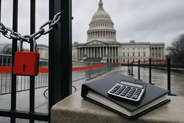 У ограды Капитолия висит красный замок и цепь - на парапете папка и калькулятор - видны ограждения — шатдаун в США — nicetry.blog