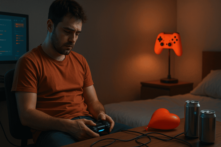 Усталый геймер за компьютером поздним вечером — nicetry.blog