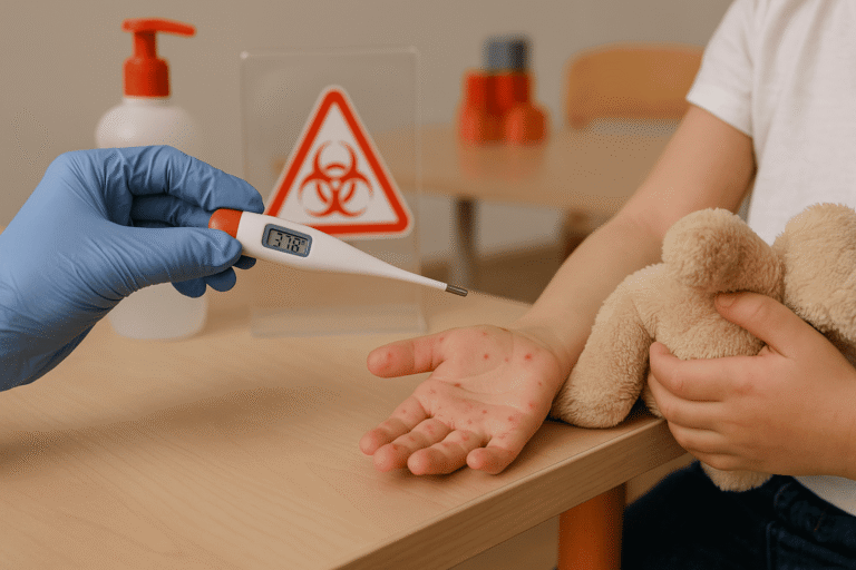 В детсадах России фиксируют вирус Коксаки — крупный план: рука ребёнка с характерной сыпью держит плюшевого мишку, медик в перчатке измеряет температуру — nicetry.blog