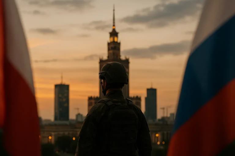Варшава на закате, силуэт польского военнослужащего на переднем плане; слева в расфокусе флаг Польши, справа — флаг России — nicetry.blog