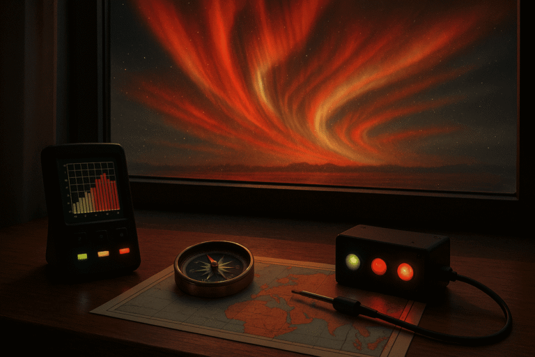 Вид из комнаты на алую полярную сияющую дугу - на подоконнике компас и прибор с индикаторами - магнитная буря — nicetry.blog