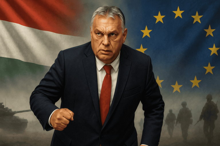 Виктор Орбан на фоне флагов Венгрии и Евросоюза - позади силуэты военных и танка - вступление Украины в ЕС - nicetry.blog