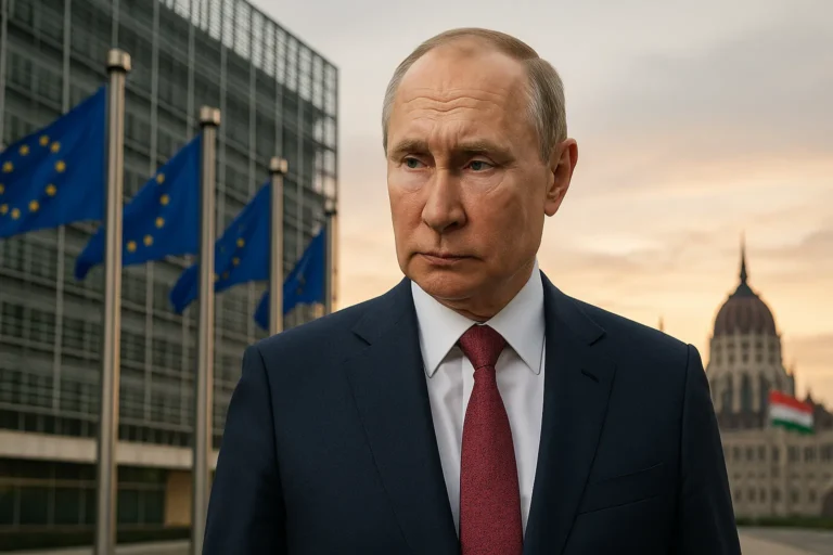 Владимир Путин на фоне флагов ЕС и здания Еврокомиссии, отсылка к визиту в Венгрию на фоне санкций — nicetry.blog