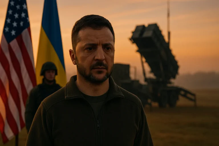 Владимир Зеленский на фоне позиции ЗРК Patriot и флагов Украины и США - nicetry.blog