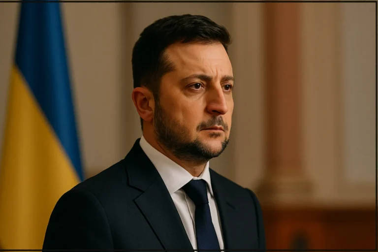 Владимир Зеленский в профиль на тёплом фоне с мягким боке флага Украины — nicetry.blog