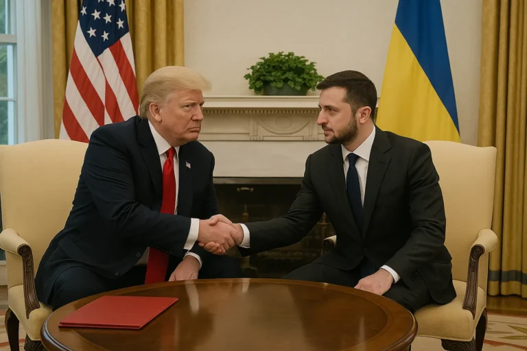 Встреча в Белом доме — Дональд Трамп и Владимир Зеленский пожимают руки за столом - на фоне флаги США и Украины — nicetry.blog