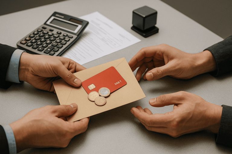 Выплата пособия — сотрудник передает конверт с банковской картой и монетами — на столе калькулятор и штамп — руки получателя навстречу — nicetry.blog