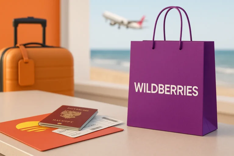 Wildberries покупает туроператора Fun&Sun — реалистичная сцена с пляжем, самолётом, чемоданом и фирменным пакетом Wildberries на переднем плане — nicetry.blog