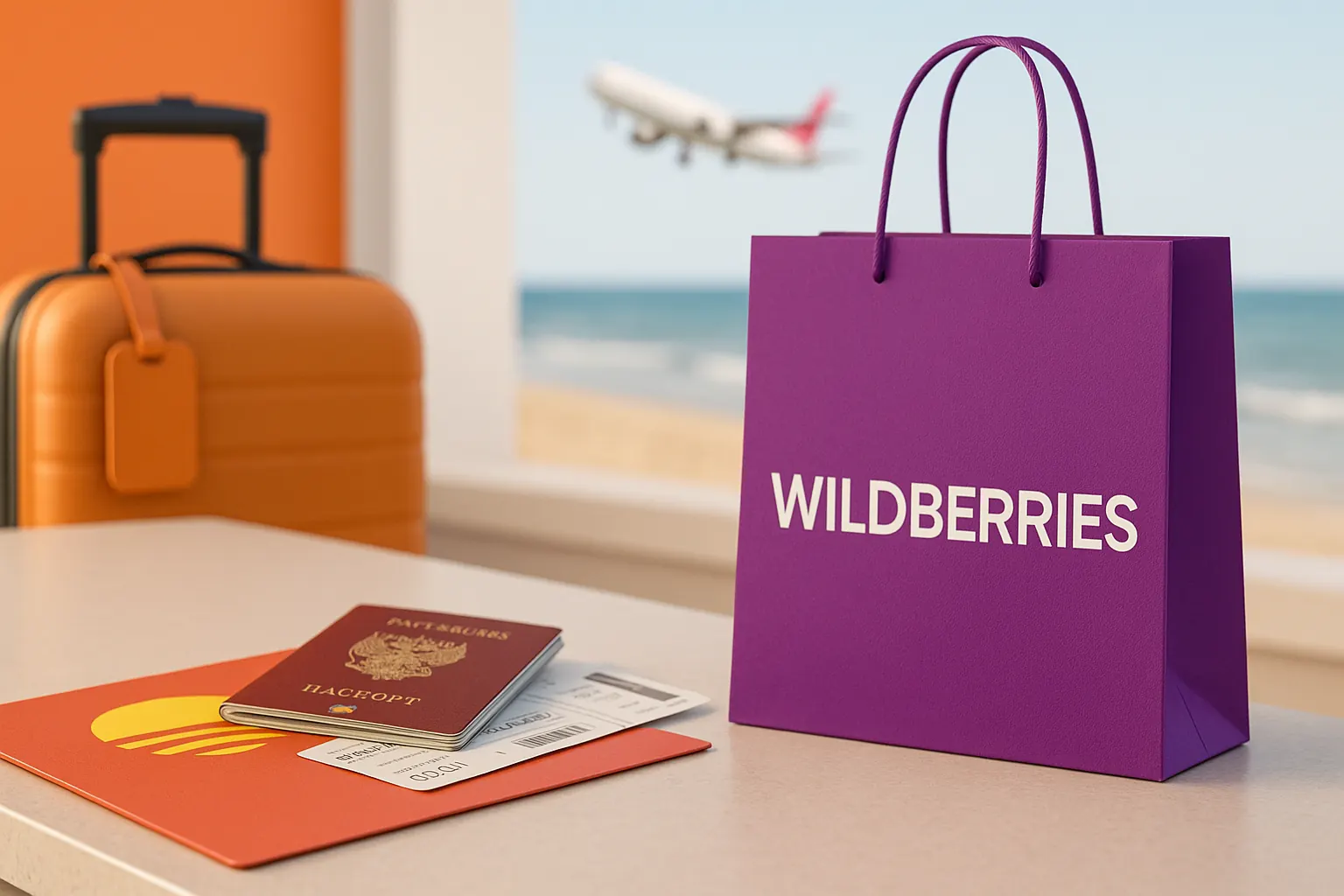 Wildberries покупает туроператора Fun&Sun — реалистичная сцена с пляжем, самолётом, чемоданом и фирменным пакетом Wildberries на переднем плане — nicetry.blog