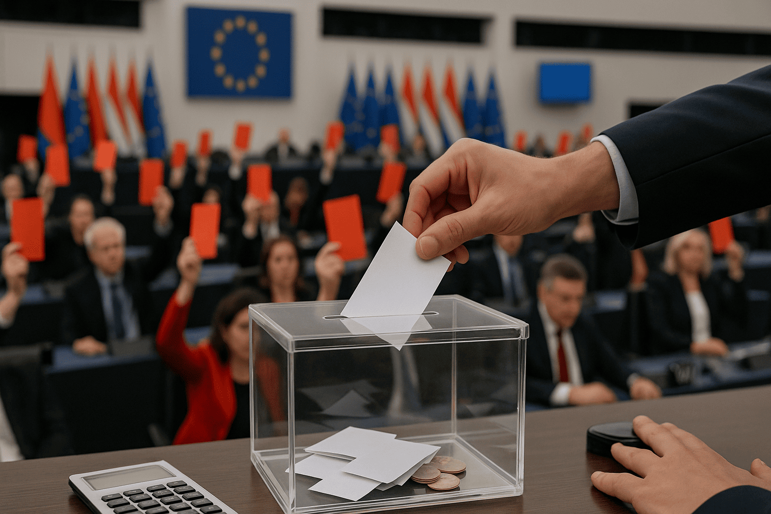 Зал Европарламента — депутат опускает бюллетень в прозрачную урну — в зале подняты красные карточки и видны флаги ЕС — nicetry.blog