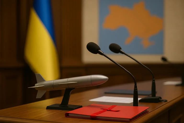 Зал брифинга — микрофоны и папка на столе — модель крылатой ракеты на подставке — флаг Украины и контур карты на фоне — nicetry.blog