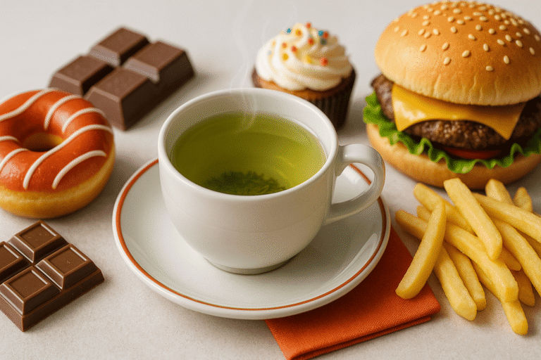 Зелёный чай и набор сладостей и фастфуда на светлом фоне — nicetry.blog
