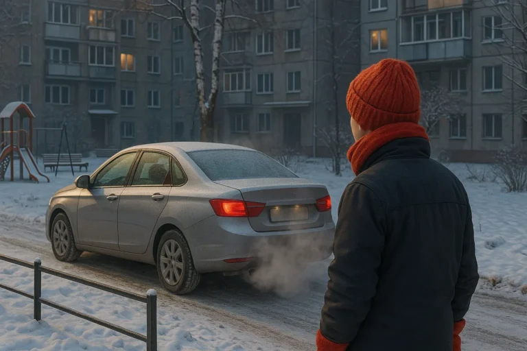 Зимний двор: седан на холостом ходу с клубами выхлопа, советские пятиэтажки и человек в красной шапке рядом — nicetry.blog