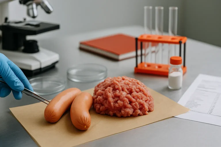 лабораторная проверка мясной продукции: свиной фарш и сосиски на столе, рядом пинцет и лабораторные приборы — nicetry.blog