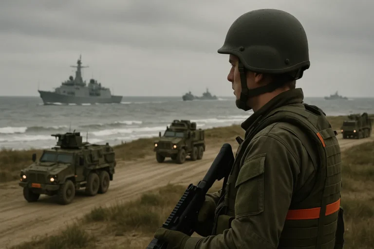 европейские учения на побережье — военнослужащий наблюдает колонну бронемашин на суше - в море движется фрегат и патрульные катера - подготовка к обороне — nicetry.blog