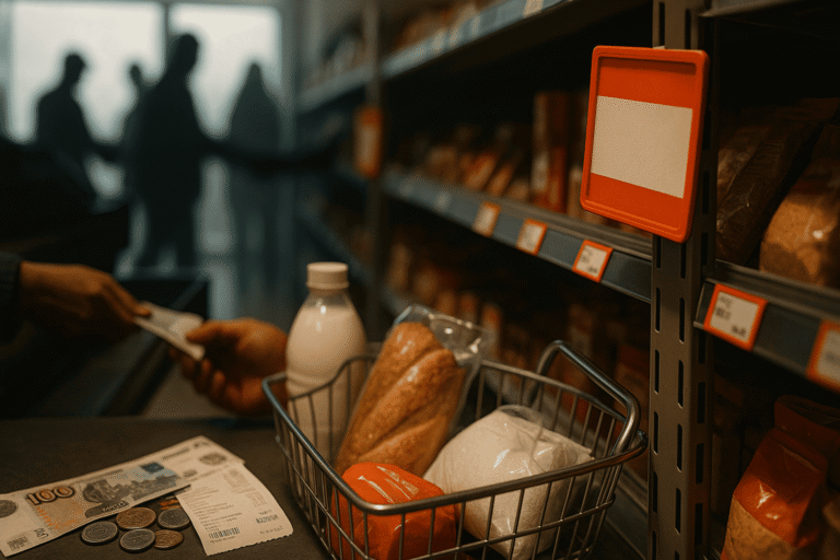 корзина с базовыми продуктами у кассы, на полках ярлыки с тёплым оранжевым акцентом — nicetry.blog