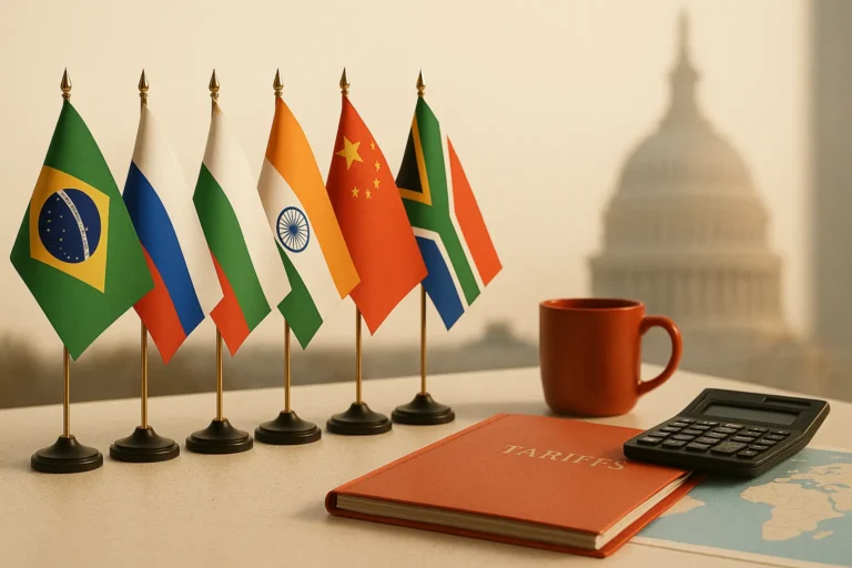 настольные флажки стран БРИКС — папка и калькулятор на фоне силуэта Капитолия — тарифное давление США — деловой интерьер — nicetry.blog