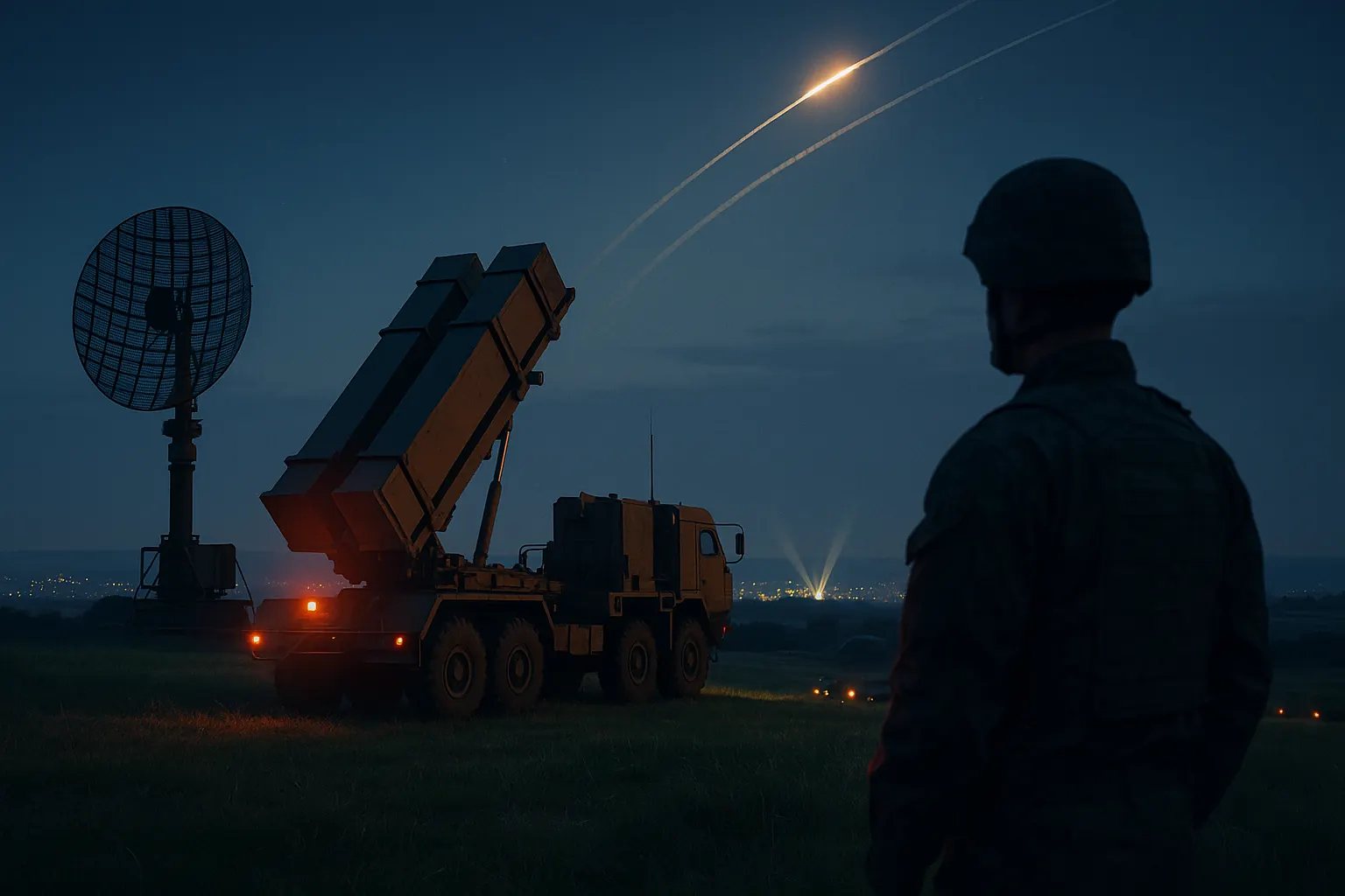 ночные учения ПВО — расчет у пусковой установки ЗРК и радиолокатор - на горизонте городские огни - следы ракет в небе — европейская сцена без боя — nicetry.blog