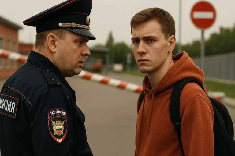 офицер полиции разговаривает с молодым мужчиной на пограничном пункте — шлагбаум и дорожный знак стоп на фоне — сцена выезда из страны — nicetry.blog