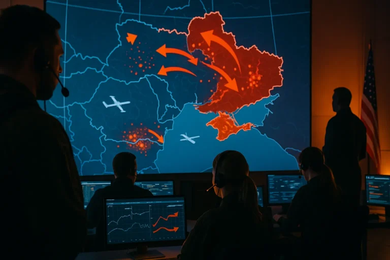 оперативный центр — аналитики в наблюдают за большой картой на видеостене — nicetry.blog