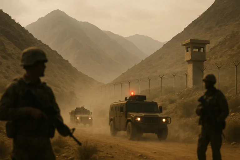 пограничный горный ландшафт — погранпост и забор - бронемашины — силуэты военных — тревожное небо — nicetry.blog