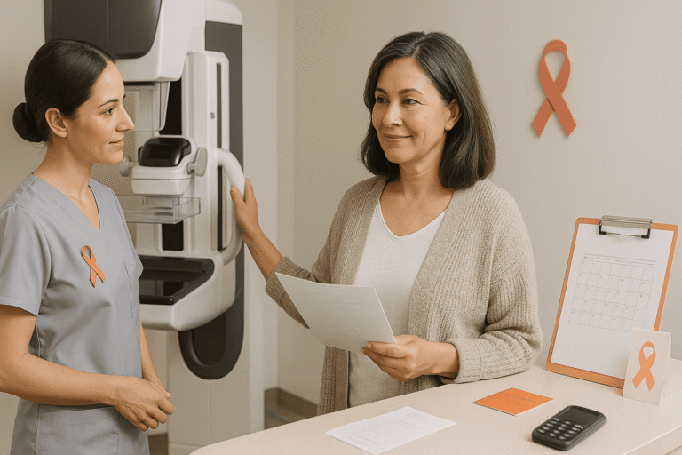 женщина 40+ в маммологическом кабинете, техник в серых скрабах направляет к аппарату маммографии — nicetry.blog